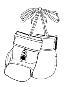 Black and white linework illustration of a pair of boxing gloves.